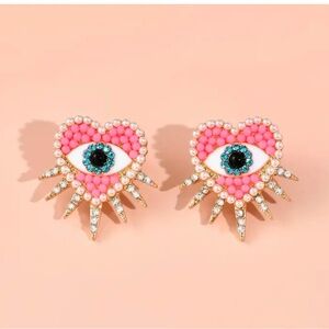 New pink evil eye gem studs studded earrings boho art glam steam punk